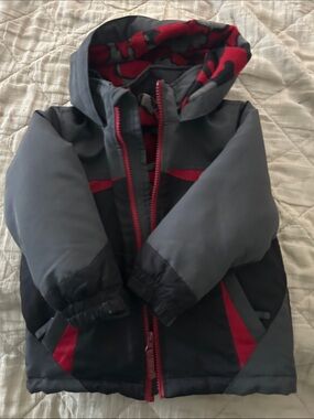 Wonderkids Grey and Red Hooded Puffer Jacket